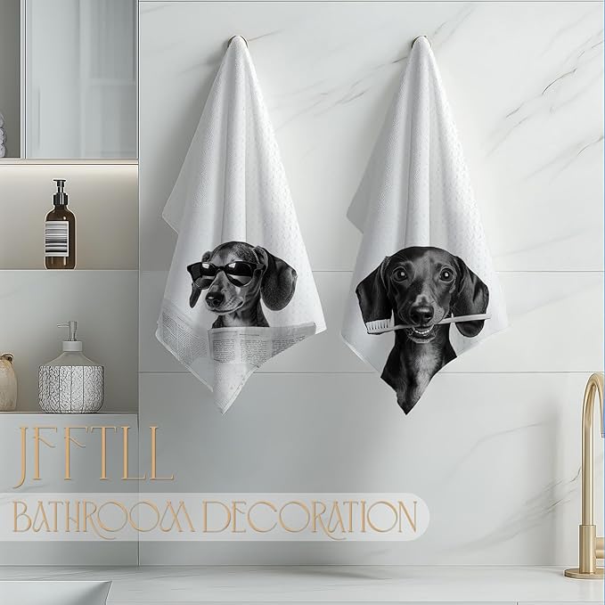 Funny Dachshund Bathroom Hand Towels, Weiner Dog Gifts for Women, Black and White Cute Dachshund Hand Towels for Bathroom Washroom Restroom Decor, 16x24 Inch, Set of 2