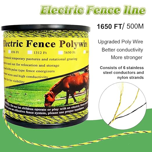 1650 Feet Electric Fence Polywire, 500 Meters 1/8" Diameter Portable Electric Fencing Poly Wire Rope Line 6 Steel Strands for Reliable Conductivity & Rust Resistance