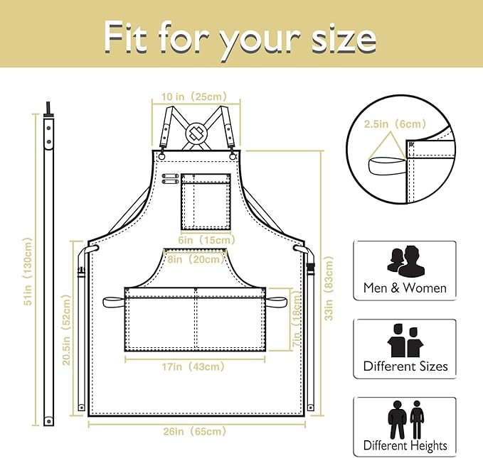 Kitchen Apron, Work Apron, Canvas, Multiple Pockets, Gardening, Painting, BBQ, Artist, Carpenter, Sizes M to XXL, Amber