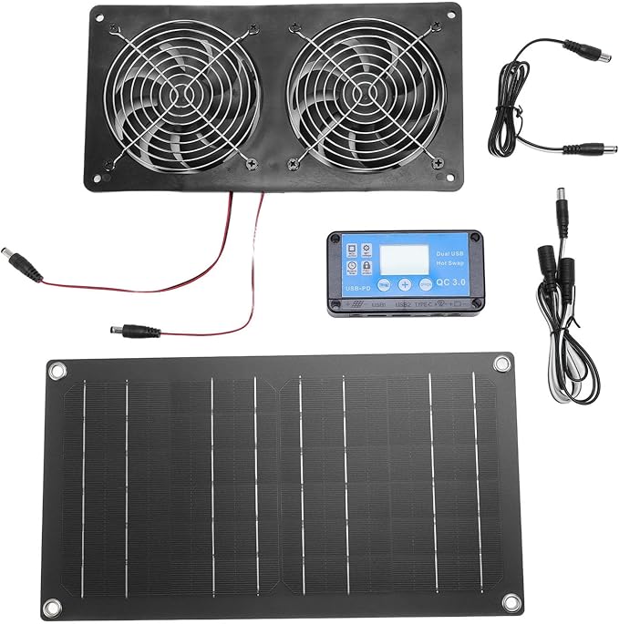 6 Inch Dual Solar Exhaust Fan, 20W Monocrystalline Silicon Solar Panel Ventilation Fan with Timed Controller, Low Noise Solar Powered Fan for Greenhouse, Chicken Coop, Shed