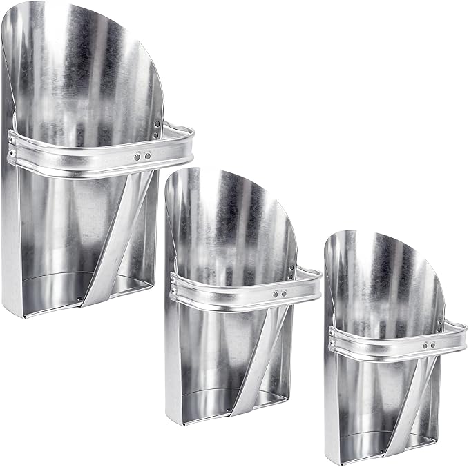 3 Pack Galvanized Feed Scoop Set, Heavy Duty Metal Grain Scoop for Livestock, Horse & Chicken, 3 Sizes with Rolled Edges & Flat Base for Farm, Coop, Gardening
