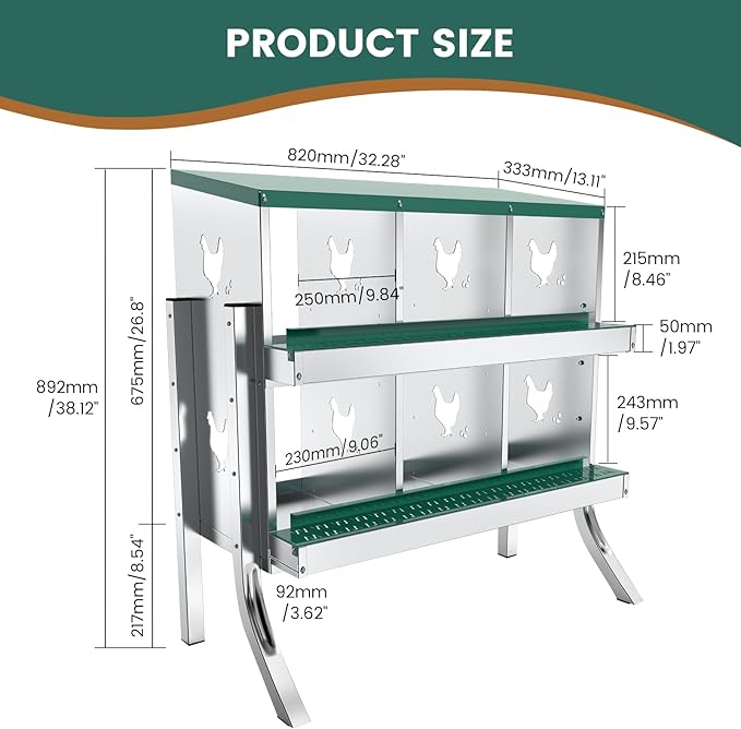 6 Compartment Chicken Nesting Box with Elevated Metal Legs - Heavy Duty Roll Away Egg Collection, Secure Lid & Perch - Versatile Wall Mount or Free Standing Design for Chickens, Hens, Ducks