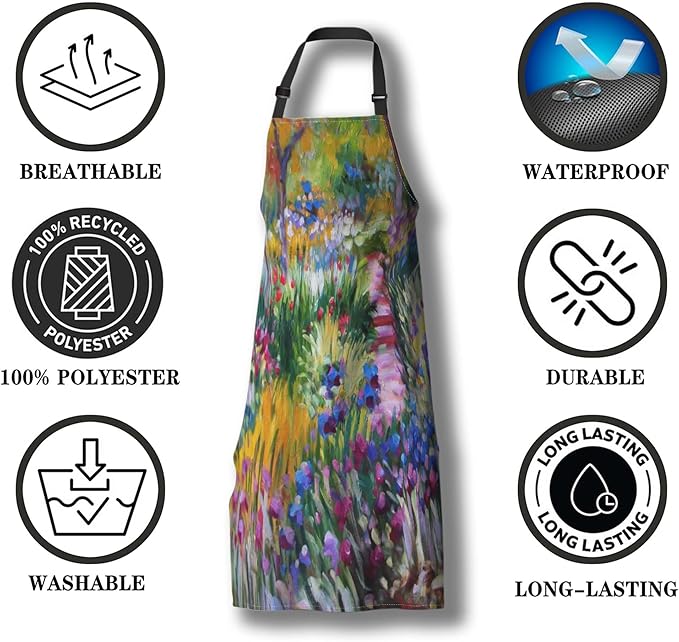 Cook Apron for Men Monet the Iris Garden Vintage Aprons for Women for Kitchen Cooking Restaurant BBQ Painting Crafting Gardening 27” (W) x 31” (H), Waterproof Aprons