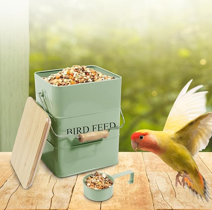 Morezi Bird treat and food storage tin with wooden lid and scoop included - green powder - carbon steel - birds food bin - pet food container storage canister