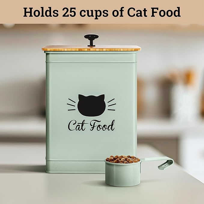 Cat Food Storage Container with Scoop - 5-7lb (25 Cup) Capacity Metal Cat Kibble Canister with Airtight Bamboo Lid and Metal Scoop - Airtight Pet Food Storage Containers 5 lb - 7 lb Kibble Container