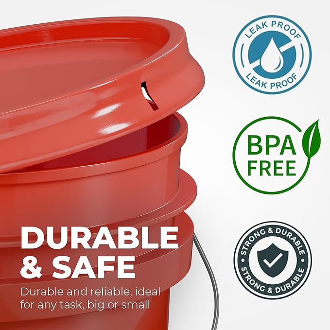 EconoHome 5-Gallon Red Bucket Pail Container with Lid | Metal Handles with Plastic Grip for Easy Carrying | Easy Stack and Store | Heavy-Duty Extra Durable | Food Grade | BPA Free - 5 Pack