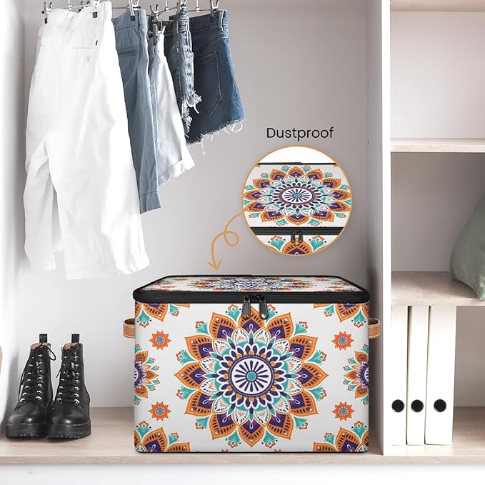 Boho Vintage Flowers Storage Bins with Zipper Lid Fabric Storage Containers for Clothes Collapsible Closet Storage Basket with Metal Frame 1 Pack