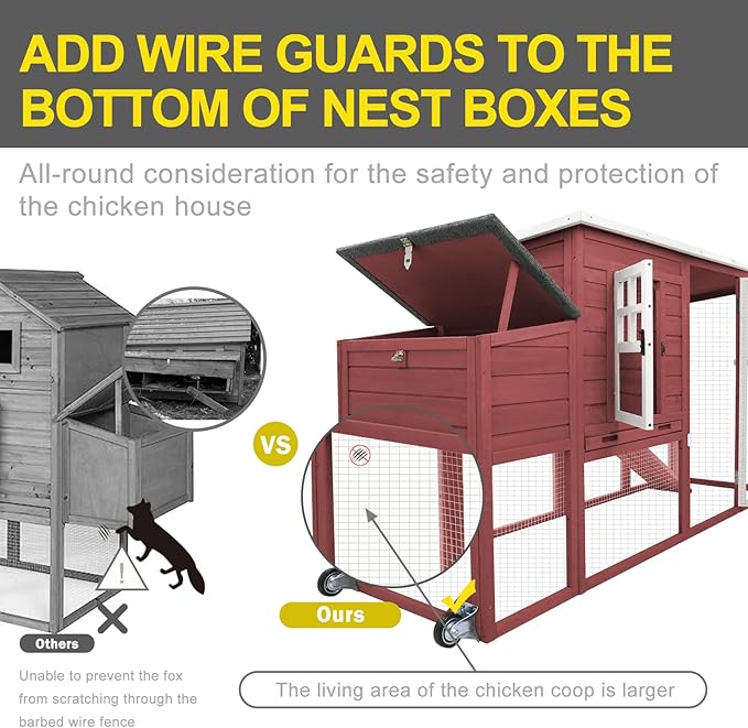 Chicken Coop Solid Wood with Large Run Cage 2 Stories - Asphalt Roof, Nest Box, Pu Wheels, Pole Chicken Perch
