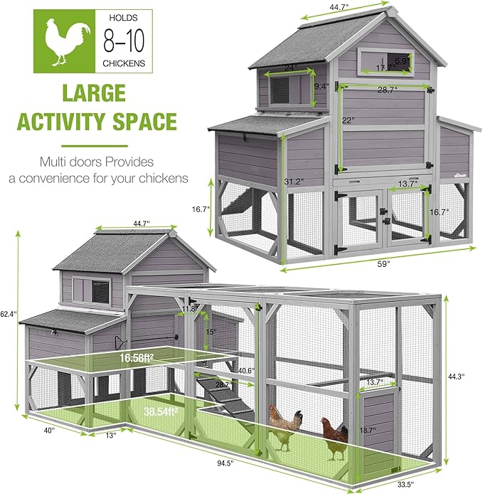GUTINNEEN Chicken Coop Extra Large Chicken House with Run for 8-10 Chickens Hen House Poultry Cage Outdoor with Nesting Box,Strong Inron Edge