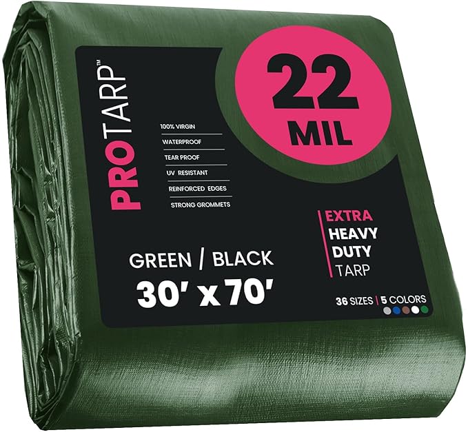 PROTARP Extreme Heavy Duty 22 Mil Tarp Cover, Waterproof, UV Resistant, Rip and Tear Proof, Poly Tarpaulin with Reinforced Edges for Roof, Camping, Patio, Pool, Boat. (Green/Black 30′ X 70′)