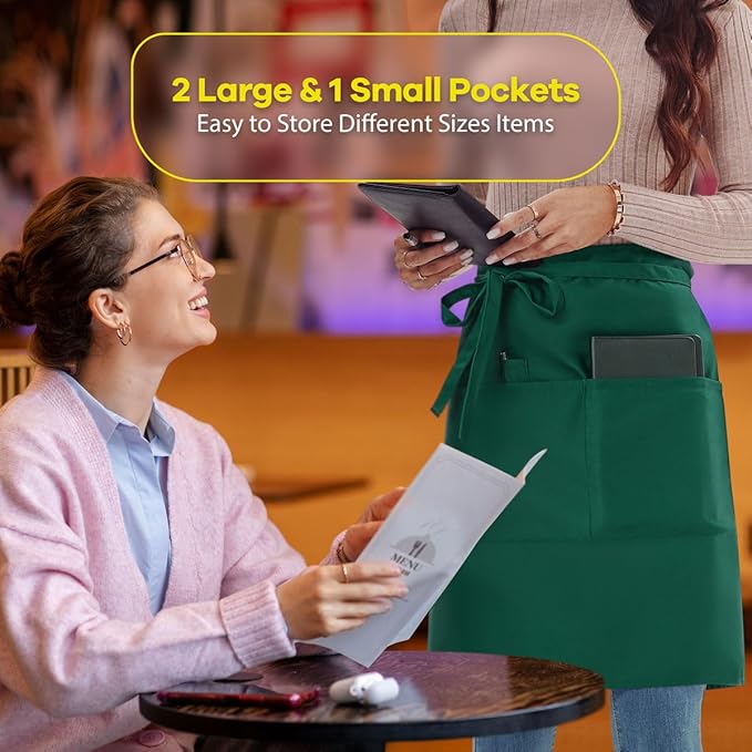ROTANET Server Apron Black with 3 Pockets 18 Inch Long Waiter Waitress Bistro Half Waist Aprons for Women Men Waterproof