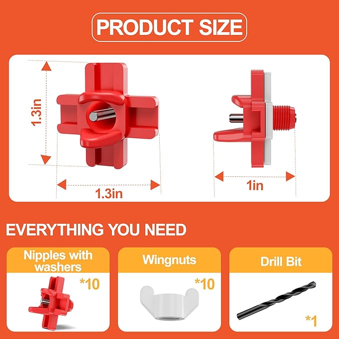 Horizontal Chicken Waterer Nipples, Automatic Poultry Watering System with Drill Bit, Leak-Proof & Side Mount Drinker Feeders for Chickens (Pack of 10)