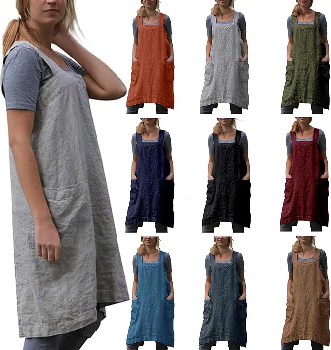 Japanese Pinafore Apron Smock Cotton Apron with Pockets Plus Size Aprons for Women
