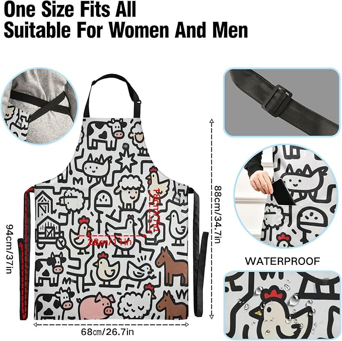 Farm Animal Print Daily Life Apron, Adjustable with 2 Pockets, Water-Splash Resistant, Stain-Resistant, Cooking Kitchen Chef Apron, Suitable for Men and Women,34.6 x 26.7 inches