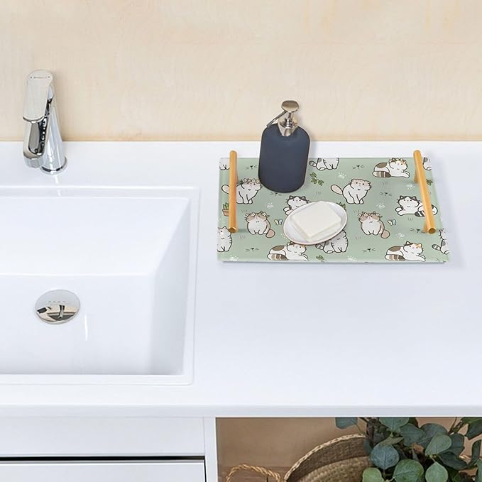 Bathroom Vanity Tray Counter Organizer, Cartoon Cats Green Decorative Tray with Handles Countertop Storage for Bathroom Bedroom Kitchen Home Farmhouse