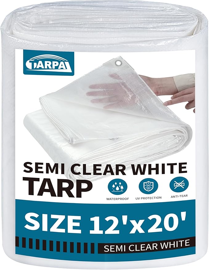 TARPAL 12'x20' Semi Clear White Tarp Waterproof Green House Cover with Grommets 7.5mil Clear Poly tarps for Gardening,Farm, Garden,Chicken Coops，Outdoor