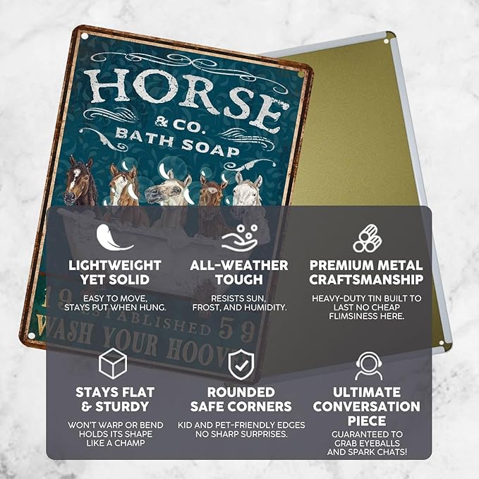 Vintage Horse Tin Sign Bathroom and Bathtub Retro Bath Soap Wash Your Hooves Metal Sign Funny Nostalgic Wall Decor Decorations for Home Farmhouse Farm Room Cafe Shop Toilet Bar 16 * 12In