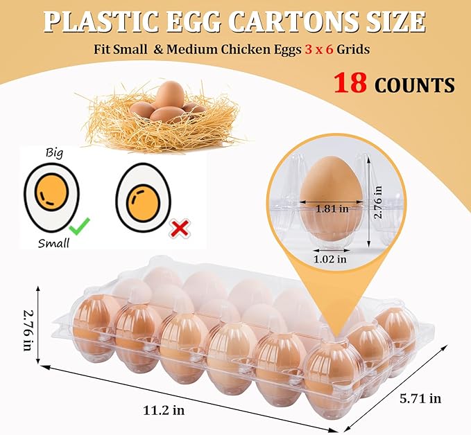 40PCS Plastic Egg Cartons 18 Count,Clear Egg Cartons Cheap Bulk for Fresh Eggs,Reusable Egg Holder for Family,Pasture,Farm Markets Display - Medium Egg Containers 3x6 Grids