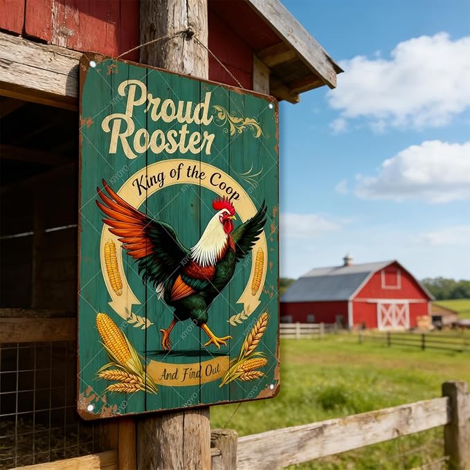 Funny Rooster Sign Pround Rooster King of the Coop Rustic Tin Sign for Home Farm Chicken Coop Decor 12x8 Inch