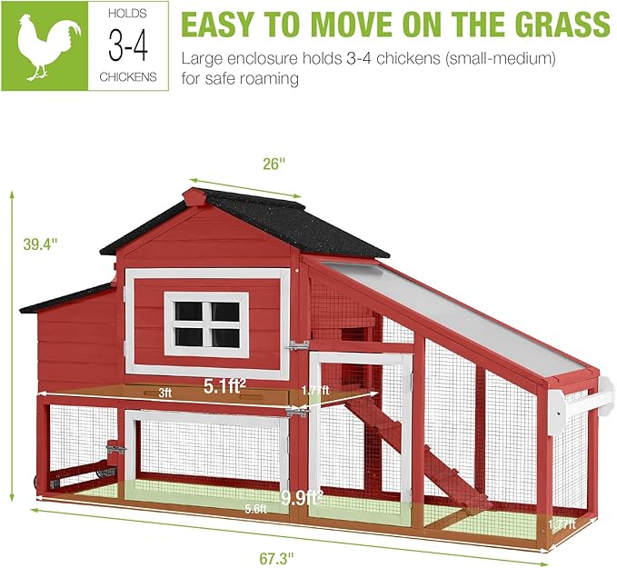 GUTINNEEN Chicken Coop Mobile Hen House Wooden with Run Poultry Cage with Nesting Box,Red