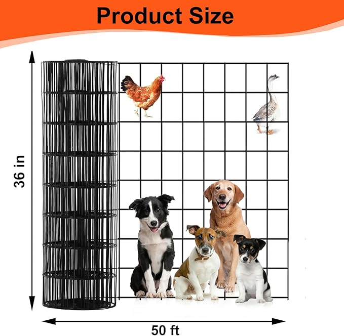 Wire Mesh Roll for Poultry Cages 36IN x50FT- Heavy Duty Fencing Net for Farm Garden Animal Plant Protection, Chicken Wire Fence, Easy to Install Fencing for Rabbits, Birds, Vegetables (Black)