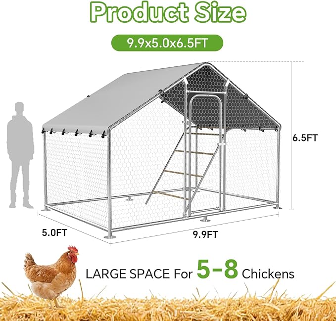 Large Metal Chicken Coop with Roosting Perch, UV-Resistant and Waterproof Cover, Chicken Run Outdoor Walk-in Cage, Duck Goose House for Yard Farm Use Spire Roof (10’W x 4.9’L x 6.4’H)