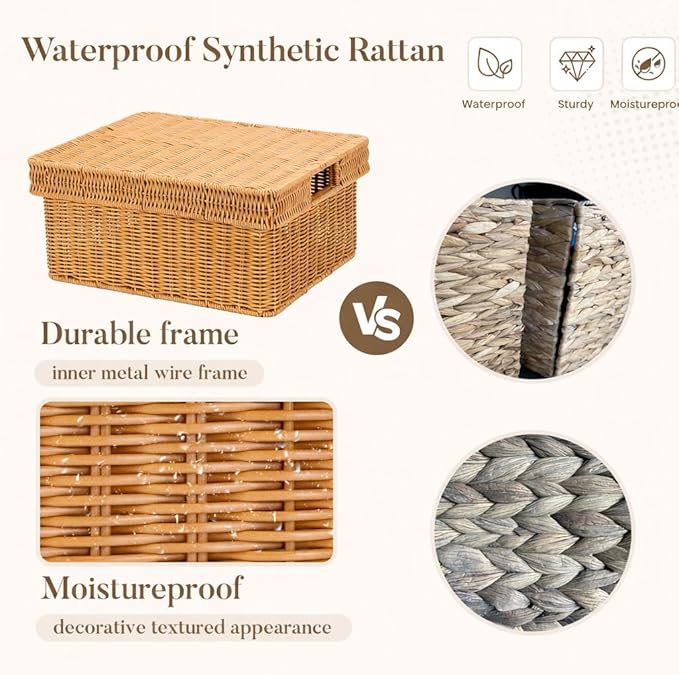 Wicker Storage Basket with Lid - Woven Storage Basket for Organizing,Rectangular Decorative Boxes Bins with Lids for Shelves,living room, Nursery, 3-Piece Set(Light Brown)