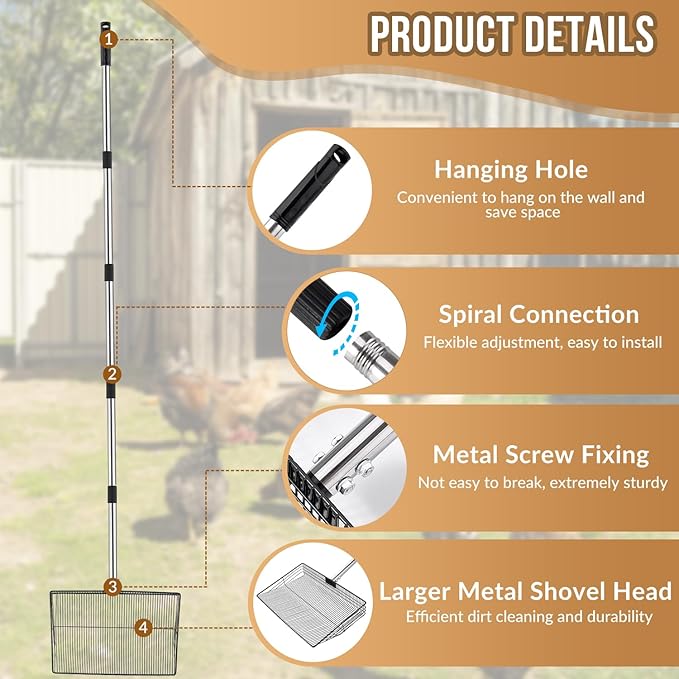 SlowTon Chicken Poop Scooper 15" Wide - Stainless Steel Chicken Coop Scoop Heavy Duty with 40 to 77" Long Handle for No Bending Work, Chicken Coop Litter Cleaning Tool Sand Sifting Shovel