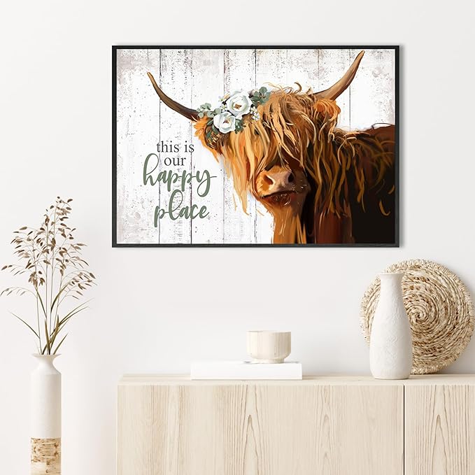 Highland Cow Decor Wall Art, Floral Farmhouse Cow Rustic Wall Decor, This is Our Happy Place Inspirational, Country Cattle Framed Painting for Living Room, Bedroom, Kitchen,Bathroom(10x14.5'')