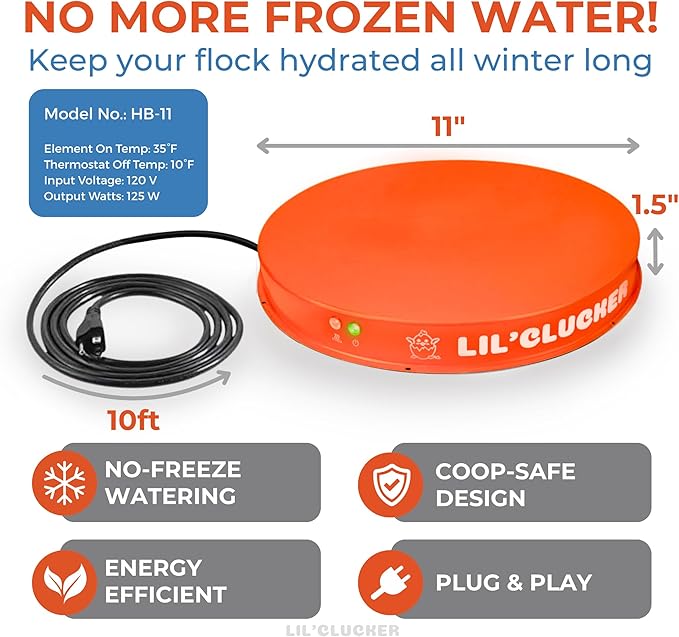 Lil'Clucker Heated Base for Chicken Waterer – Automatic Metal Freeze Proof Heated Chicken Waterer with Heater & LED – Poultry Heated Waterer for Winter (Orange, 11 Inch)