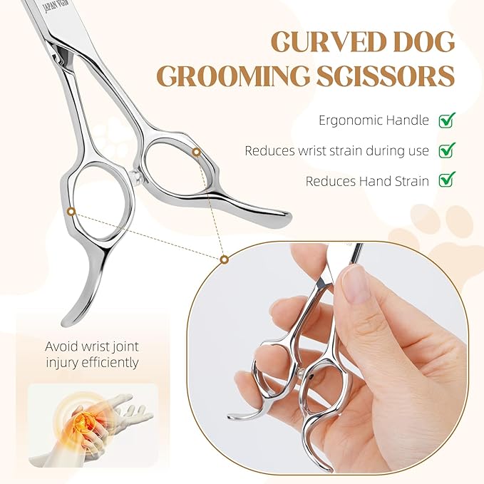 7.5 In Curved Dog Grooming Scissors, Professional Japan VG10 Steel Pet Grooming Shears, Ergonomic Reversible Handle for Face, Eyes, Paws, and Body