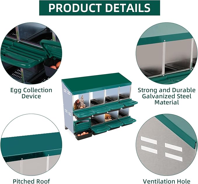 GarveeHome 2-Tier Chicken Nesting Box, 8 Compartment Metal Chicken Laying Boxes with Waterproof Roof ＆ Removable Trays for Hens, Poultry，Easy Egg Collection