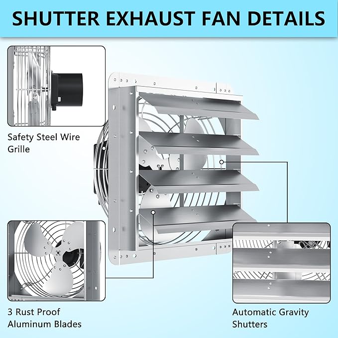 16 Inch Shutter Exhaust Fan, Aluminum Wall Mounted Exhaust Fan, 2060 CFM High Speed Automatic Shutter Attic Fan, Vent Fan For Greenhouse,Shed,Shop,Garage