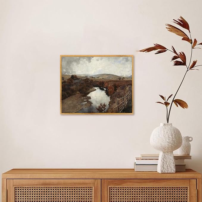 Vintage Wilderness Framed Wall Art River Nature Pictures Country Fence Artwork Nature Landscape Poster Countryside Canvas Wall Art Farmhouse Scenery Picture Rustic Landscape Painting 8x10inch Framed