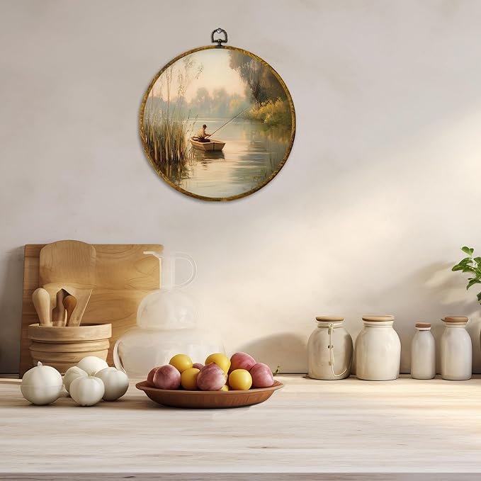 CUANFDDSF Vintage Fishing Round Wall Art, Fisherman In Rowboat Sunset Landscape Framed Hanging Wall Decor, Countryside Cottagecore Canvas Prints Decorations for Lake House Room, 10x10 Inch