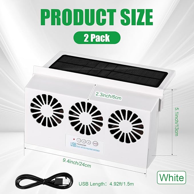 2 Pack Solar Powered Car Exhaust Fan 3 Fans Car Window 4500 RPM Air Vent Radiator Solar Energy Cooling Vent Exhaust for General Types(Rechargeable & Solar 3 Fans,White)