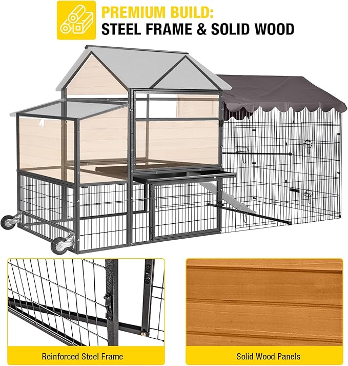 Large Chicken Coop for 4-6 Chickens, All-Steel Frame Hen House Poultry Cage with Waterproof Cover, Nesting Box & Metal Run