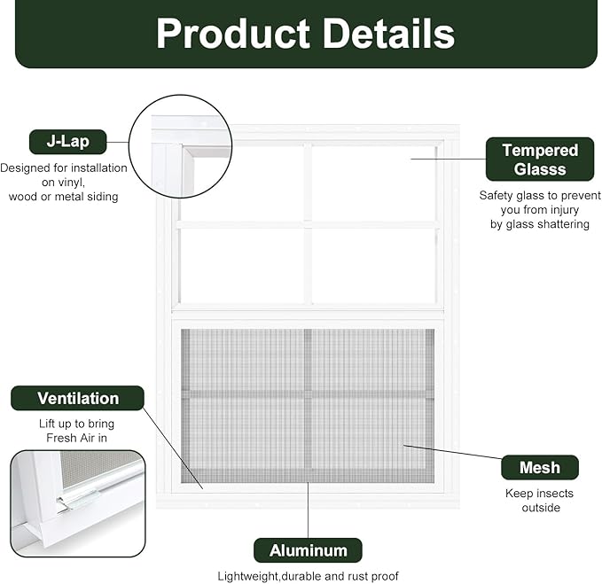 2 Pack Chicken Coop Windows 12" x 18", Sliding Shed Windows with Tempered Glass, Flush Mount Small Windows for Playhouse, Garage, Household Use
