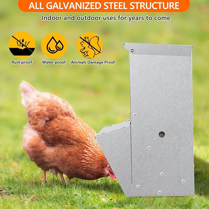 Automatic Chicken Feeder, 28 lbs Capacity, Galvanized Metal Poultry Feeder, Waterproof Chicken Feeder, Suitable for Poultry, Geese, Quails, Bantams, Ducks and Turkey