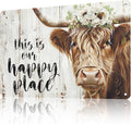 Farmhouse Metal Sign Highland Cow Tin Sign Wall Art This Is Our Happy Place Poster for Home Long Haired Scottish Cow with White Flower Picture Farmhouse Kitchen Decor Framed 12 * 8in
