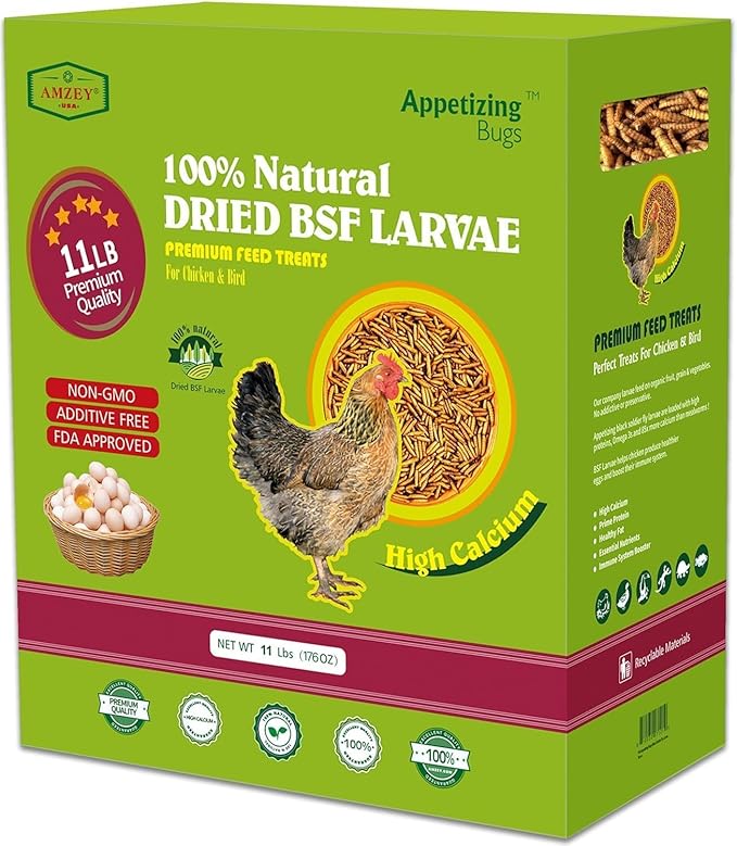 Amzey 11 LBS Dried Black Soldier Fly Larva - All Natural BSF Larvae - 85X More Calcium Than Mealworms - High Calcium Treats for Chickens, Birds, Reptiles, Hedgehog, Geckos, Turtles