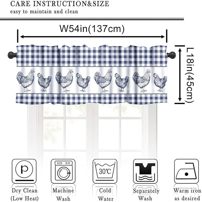 Farm Rooster Valance Curtains Rustic Retro Farmhouse Animals Blue White Buffalo Plaid Rod Pocket Curtain Valance for Kitchen Bedroom Living Room Decor 1 Panel W54xL18 Inch