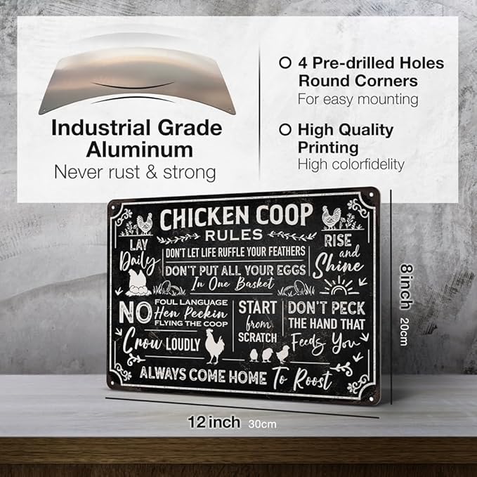 Heuhuww Vintage Chicken Coop Rules Tin Sign for Farm Home Rooster Decor for Outdoor Farm Fence Hen House 12"x 8" (H11)