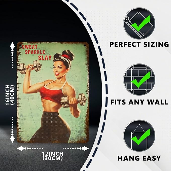 Fitness Girl with Dumbbells Motivational Wall Art Poster Sweat Sparkle Slay Tin Sign Gym Decor for Home & Office Decor Bedroom Bathroom Cafe 12X16Inch