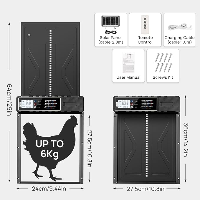 Solar Powered Chicken Coop Door with Remote & LCD Timer – Battery-Free Auto Open/Close, Weatherproof Aluminum Hen House Door, Easy Install, Predator-Proof Motorized Coop Door