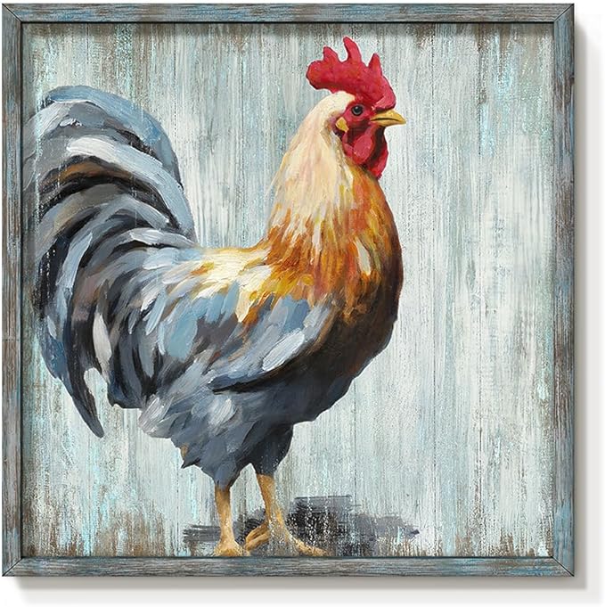 Rooster Wooden Wall Art Decor: Farm Cock Picture Country Animal Framed Artwork Rustic Farmhouse Chicken Painting is the Perfect Combination of Energy Nature for the Kitchen Bedroom 12"x12"
