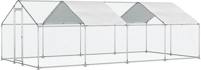 Large Metal Chicken Run, Chicken Coop with Lockable Door Spire Shape Walk-in Chicken Hen House with Waterproof & Anti-UV Cover for Duck Rabbit Habitat Cage Outdoor Poultry Cage for Yard Farm