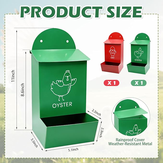 2Pcs Large Chicken Grit and Oyster Shell Feeder for Hens Metal Chicken Feeder with Covers Hanging Poultry Feeders Rainproof Chicken Coop Accessories