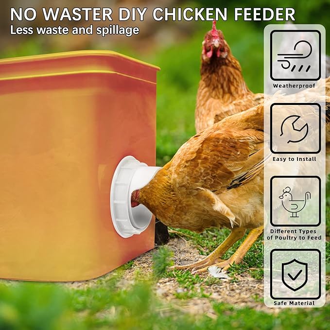Chicken Feeder Port, 6 Pack Chicken Feeders No Waste with 6 Lids 1 Drill Bit, DIY Automatic Poultry Feeder Cups Kit, Chicken Bucket Feeder for Barrels (White)