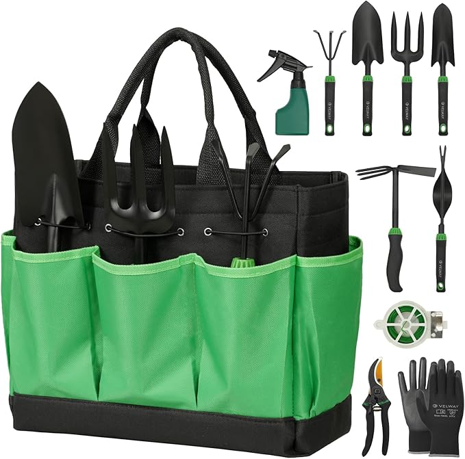 Velway Garden Tools Set -11-Piece Heavy Duty Hand Tool Kit with Ergonomic Handles, Rust-Proof, Carry Tote Bag – Gardening Gifts for Women & Men (Green)